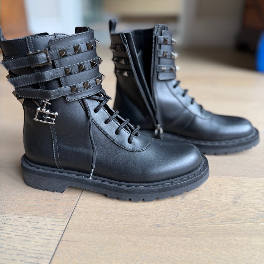 Valentino Black Combat Moto Boots with Buckle Details